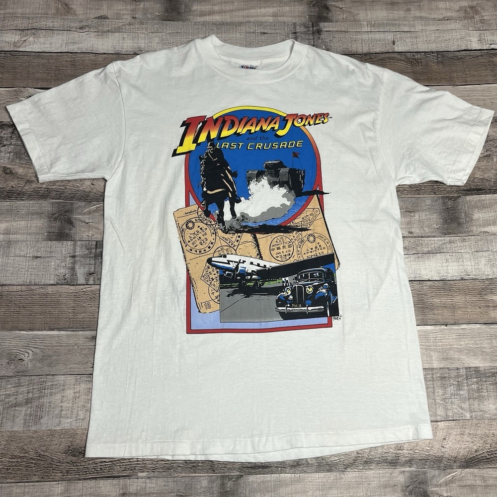 Indiana Jones Shirt Size Large White Vintage 80s The Last Crusade Movie Promo